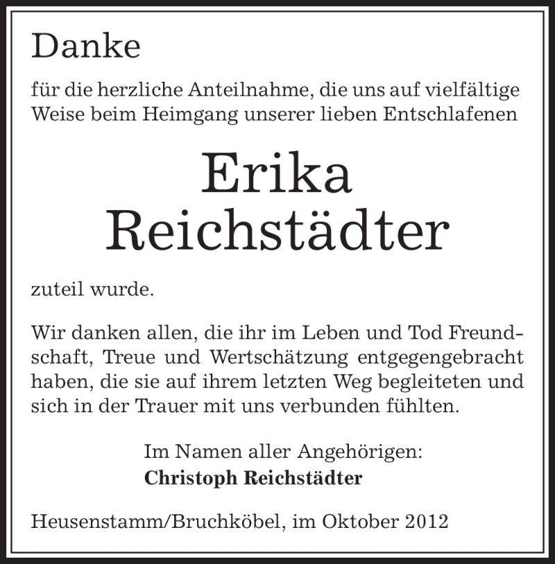  Traueranzeige für Erika Reichstädter vom 27.10.2012 aus Offenbach
