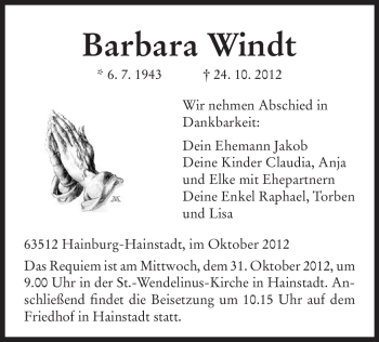 Traueranzeige von Barbara Windt von Offenbach