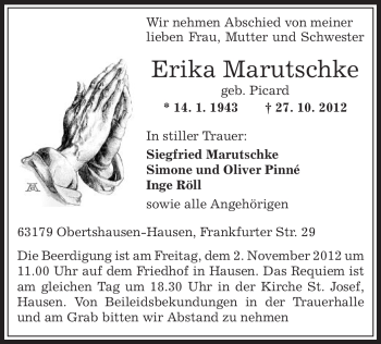 Traueranzeige von Erika Marutschke von Offenbach