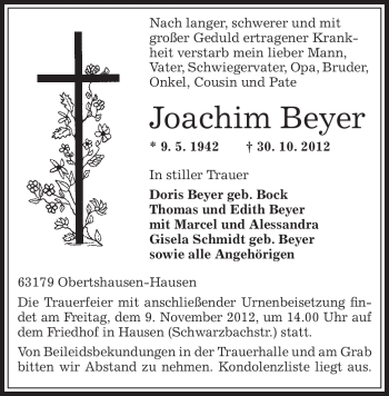 Traueranzeige von Joachim Beyer von Offenbach