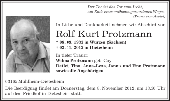 Traueranzeige von Rolf Kurt Protzmann von Offenbach