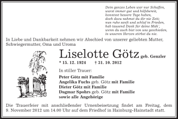 Traueranzeige von Liselotte Götz von Offenbach