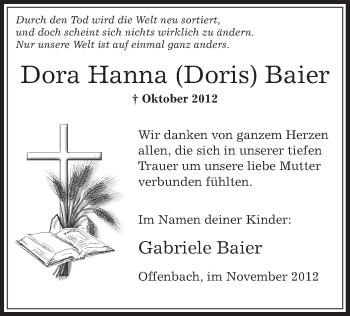 Traueranzeige von Dora Hanna Baier von Offenbach