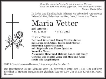 Traueranzeige von Maria Vetter von Offenbach