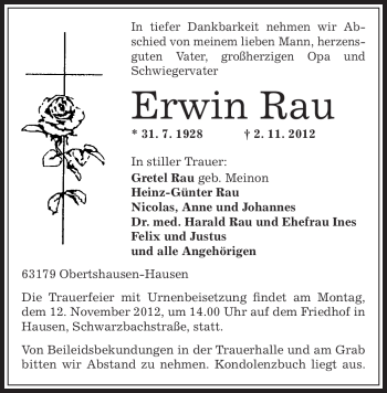 Traueranzeige von Erwin Rau von Offenbach