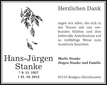 Traueranzeige von Hans-Jürgen Stanke von Offenbach