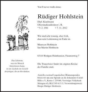 Traueranzeige von Rüdiger Hohlstein von Offenbach