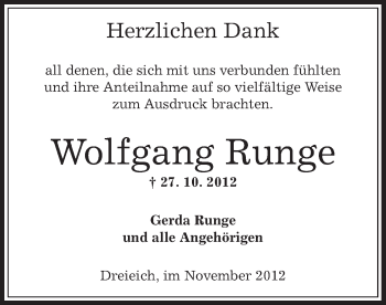 Traueranzeige von Wolfgang Runge von Offenbach