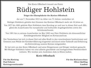 Traueranzeige von Rüdiger Hohlstein von Offenbach