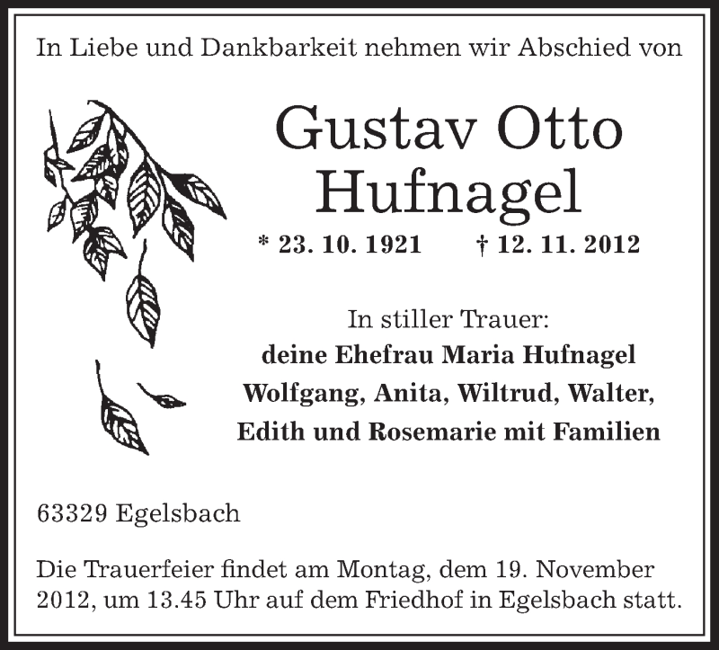  Traueranzeige für Gustav Otto Hufnagel vom 16.11.2012 aus Offenbach