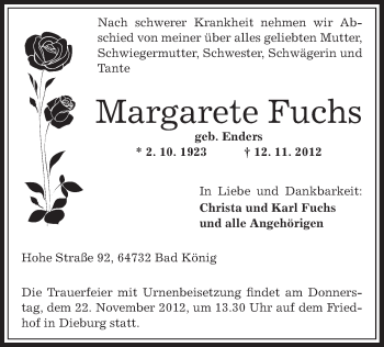 Traueranzeige von Margaret Fuchs von Offenbach