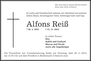 Traueranzeige von Alfons Reiß von Offenbach