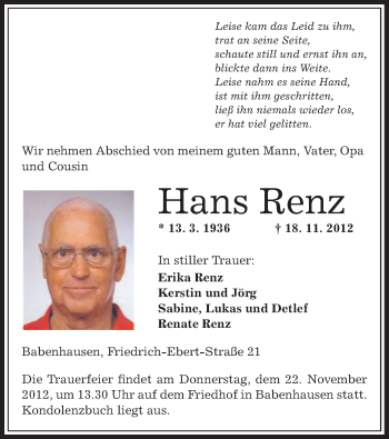 Traueranzeige von Hans Renz von Offenbach