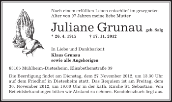 Traueranzeige von Juliane Grunau von Offenbach