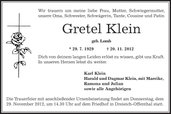 Traueranzeige von Gretel Klein von Offenbach