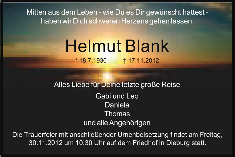  Traueranzeige für Helmut Blank vom 24.11.2012 aus Offenbach