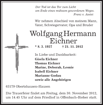 Traueranzeige von Wolfgang Hermann Eichner von Offenbach