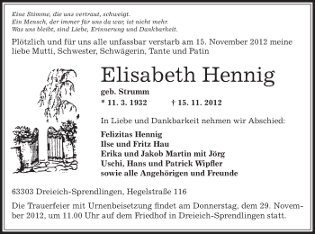 Traueranzeige von Elisabeth Hennig von Offenbach