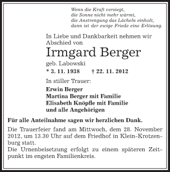 Traueranzeige von Irmgard Berger von Offenbach