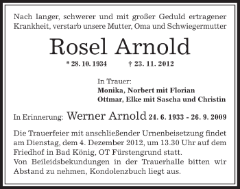 Traueranzeige von Rosel Arnold von Offenbach