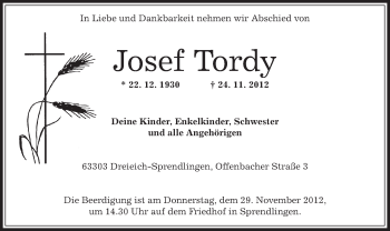 Traueranzeige von Josef Tordy von Offenbach