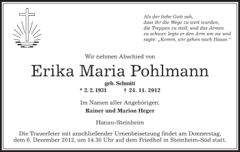 Traueranzeige von Erika Maria Pohlmann von Offenbach