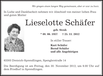 Traueranzeige von Lieselotte Schäfer von Offenbach