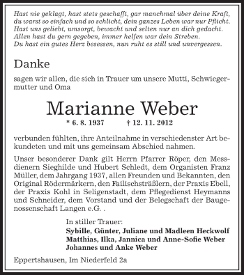 Traueranzeige von Marianne Weber von Offenbach