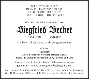 Traueranzeige von Siegfried Becher von Offenbach