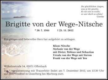 Traueranzeige von Brigitte von der Wege-Nitsche von Offenbach