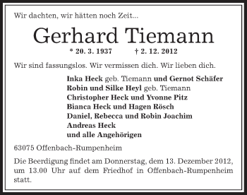 Traueranzeige von Gerhard Tiemann von Offenbach