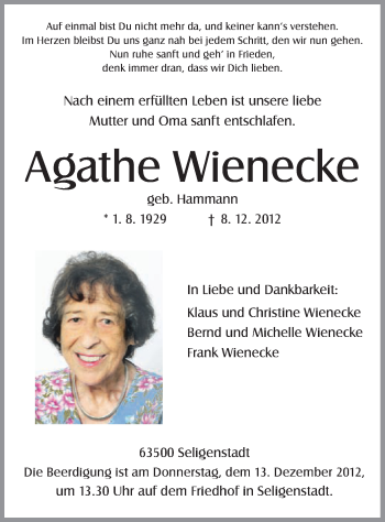 Traueranzeige von Agathe Wienecke von Offenbach