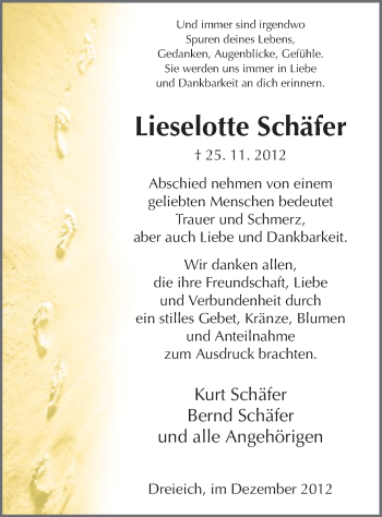 Traueranzeige von Lieselotte Schäfer von Offenbach