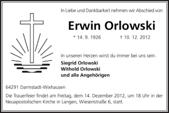 Traueranzeige von Erwin Orlowski von Offenbach