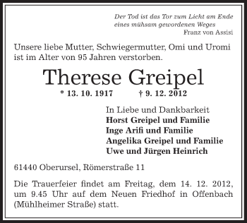 Traueranzeige von Therese Greipel von Offenbach