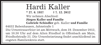 Traueranzeige von Hardi Kaller von Offenbach