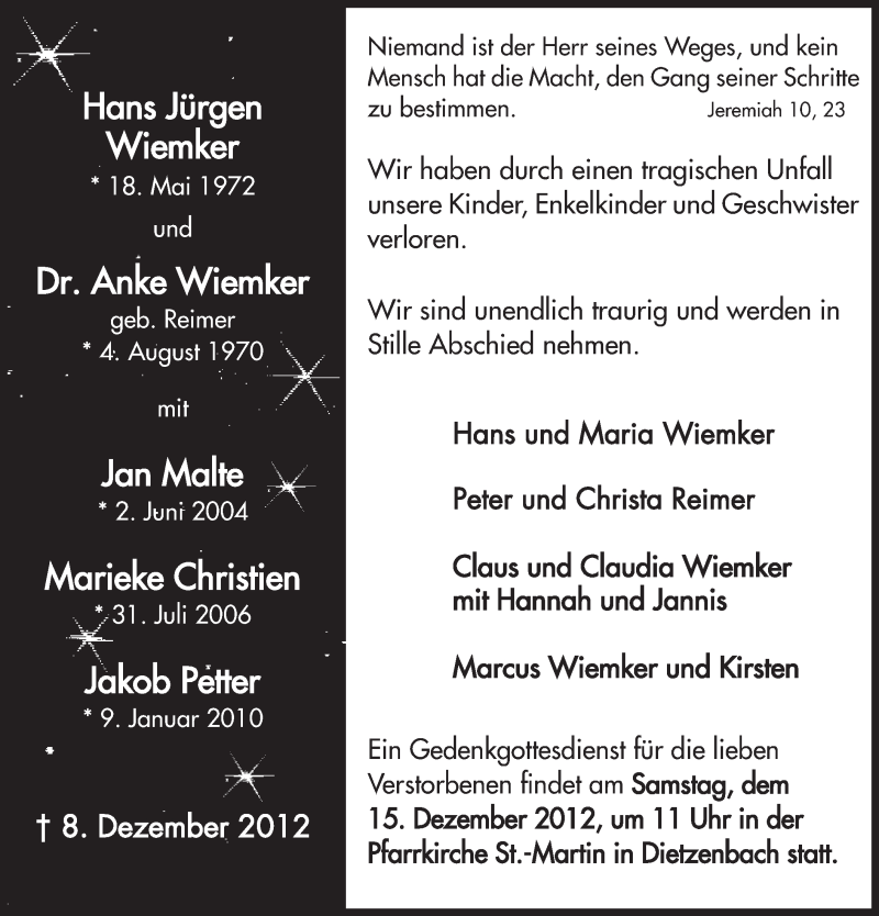  Traueranzeige für Familie Wiemker vom 13.12.2012 aus Offenbach