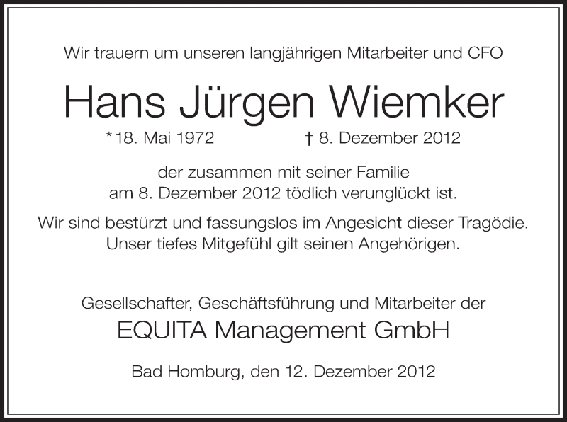  Traueranzeige für Hans Jürgen Wiemker vom 13.12.2012 aus Offenbach