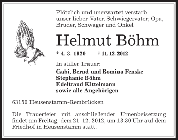 Traueranzeige von Helmut Böhm von Offenbach