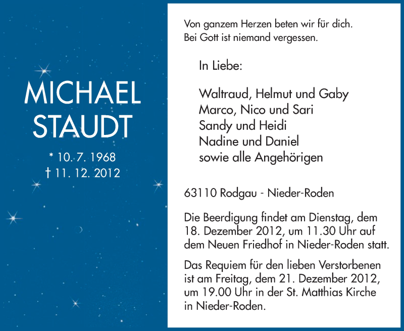  Traueranzeige für Michael Staudt vom 15.12.2012 aus Offenbach