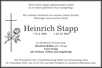 Traueranzeige von Heinrich Stapp von Offenbach