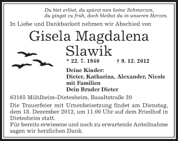 Traueranzeige von Gisela Magdalena Slawik von Offenbach