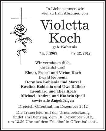 Traueranzeige von Violetta Koch von Offenbach