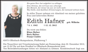 Traueranzeige von Edith Hafner von Offenbach