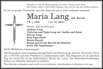 Traueranzeige von Maria Lang von Offenbach