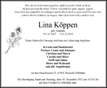 Traueranzeige von Lina Köppen von Offenbach