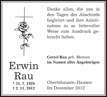 Traueranzeige von Erwin Rau von Offenbach