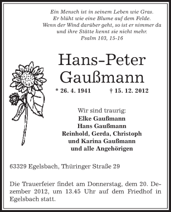 Traueranzeige von Hans-Peter Gaußmann von Offenbach