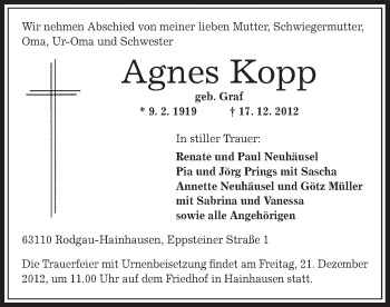 Traueranzeige von Agnes Kopp von Offenbach