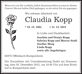 Traueranzeige von Claudia Kopp von Offenbach